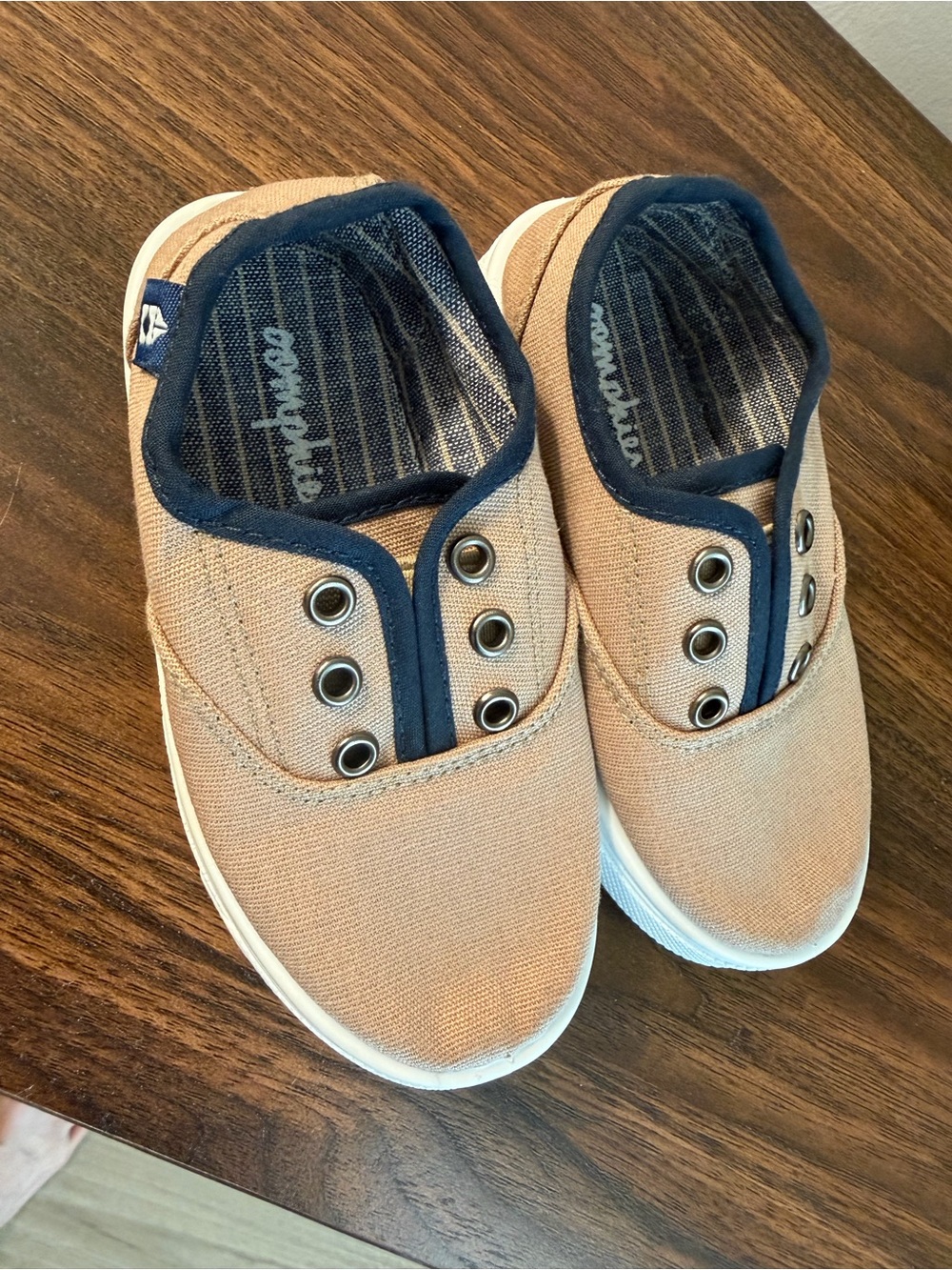 oomphies Tan Canvas Slip-On Sneakers with Navy Trim